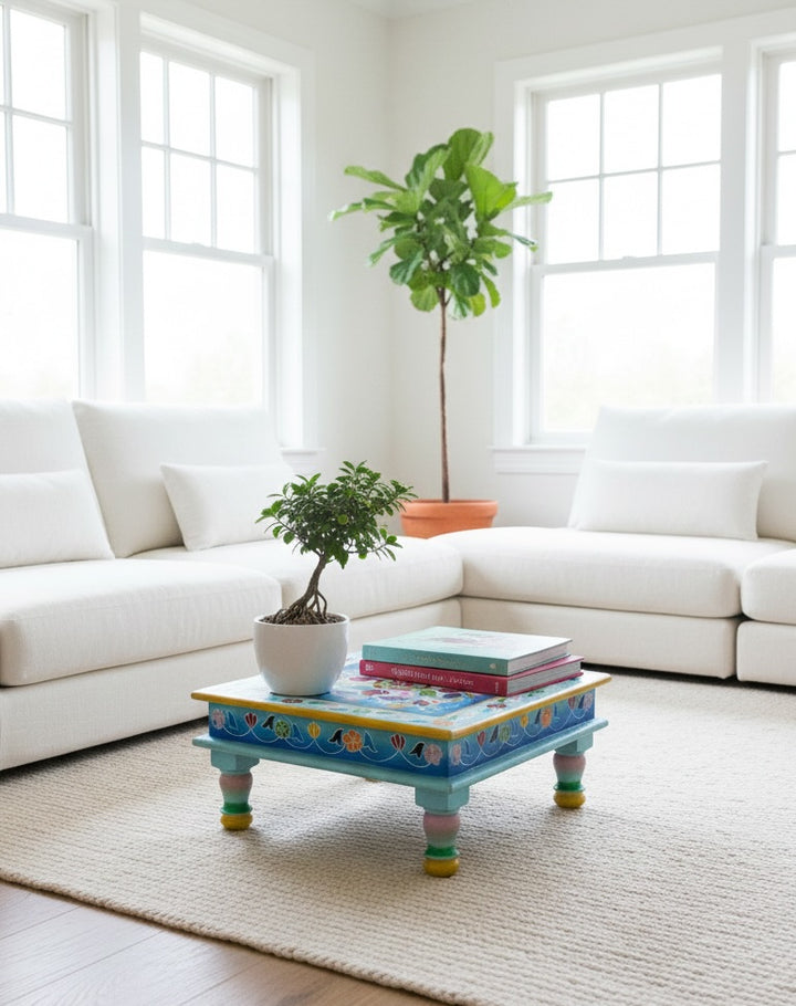 Modern living room with a white sectional sofa, colorful coffee table, and potted plants.