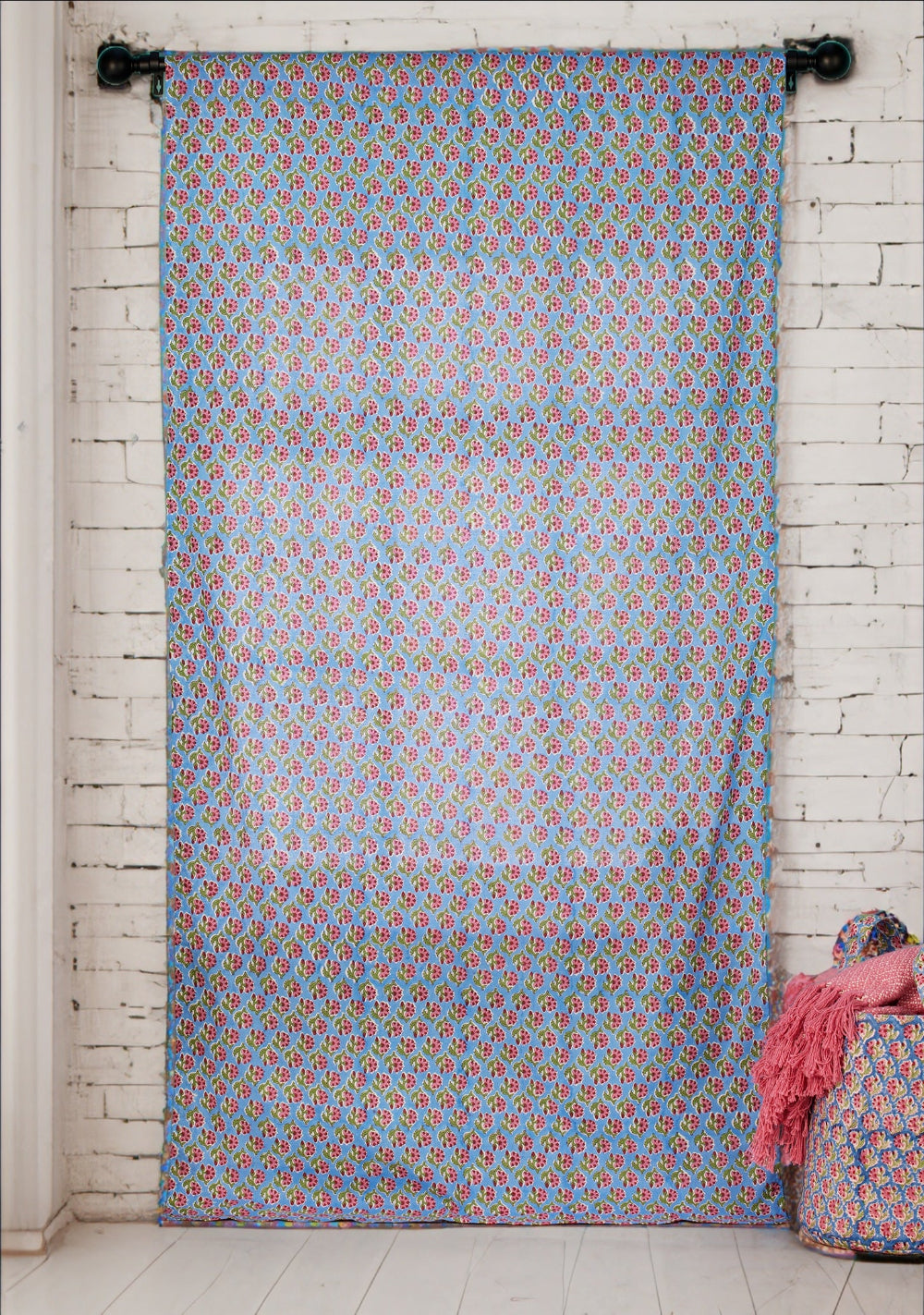 Blue Cotton Floral Curtain Drape