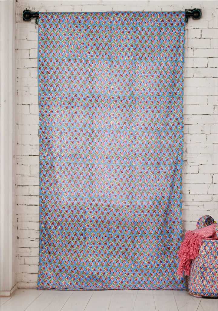 Blue Cotton Floral Curtain Drape