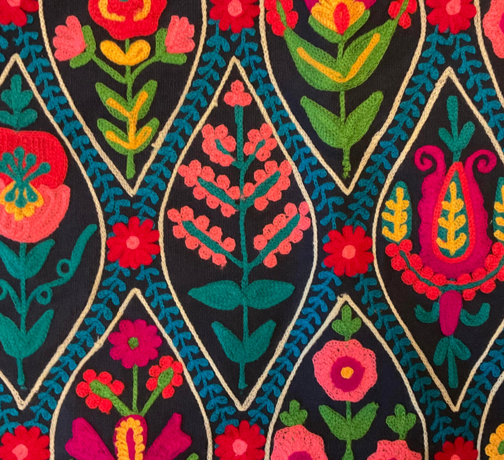 Colourful embroidered floral pattern on a blue background