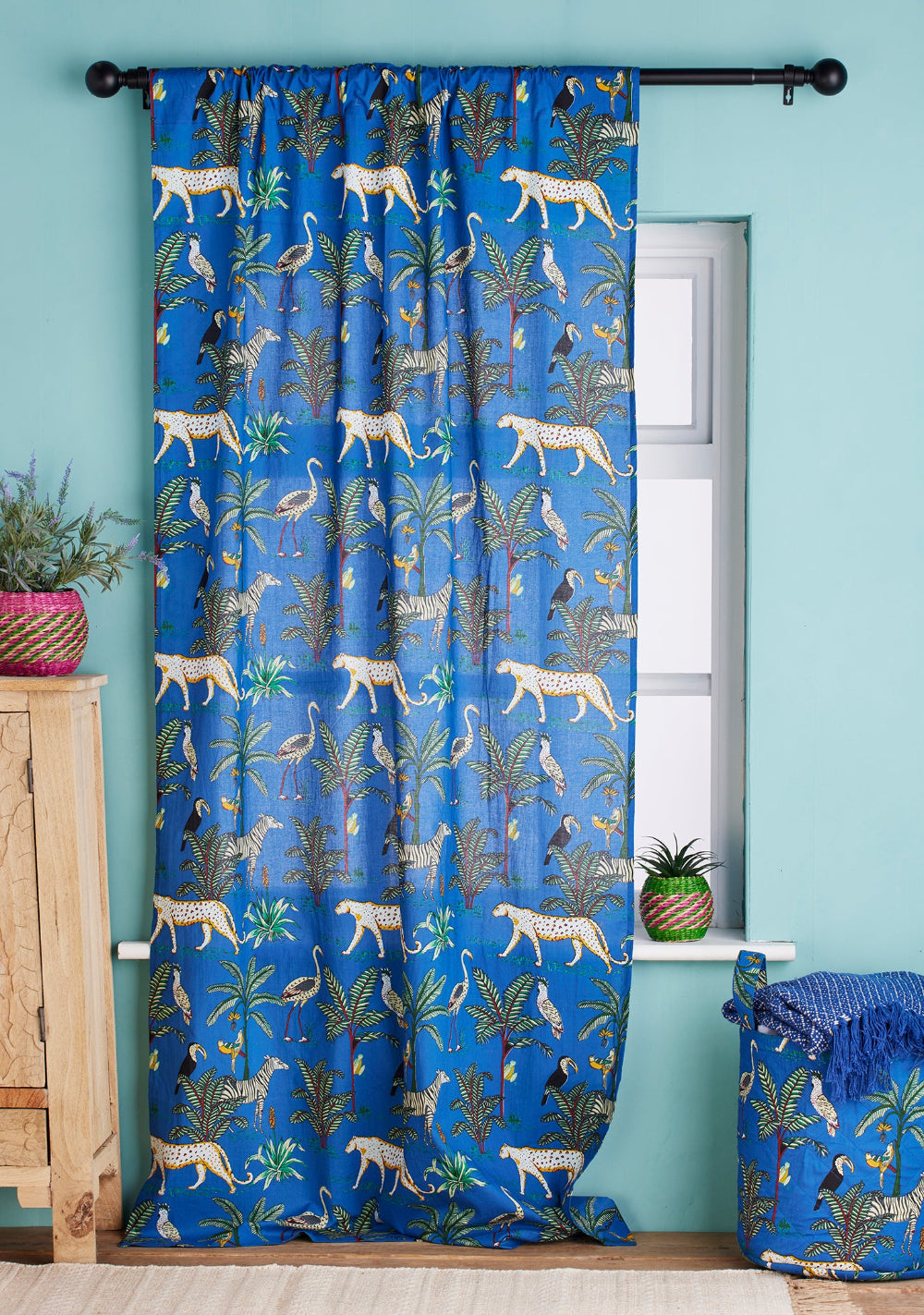 Blue Jungle Animal Print Cotton Curtain Panel - Second Nature Online