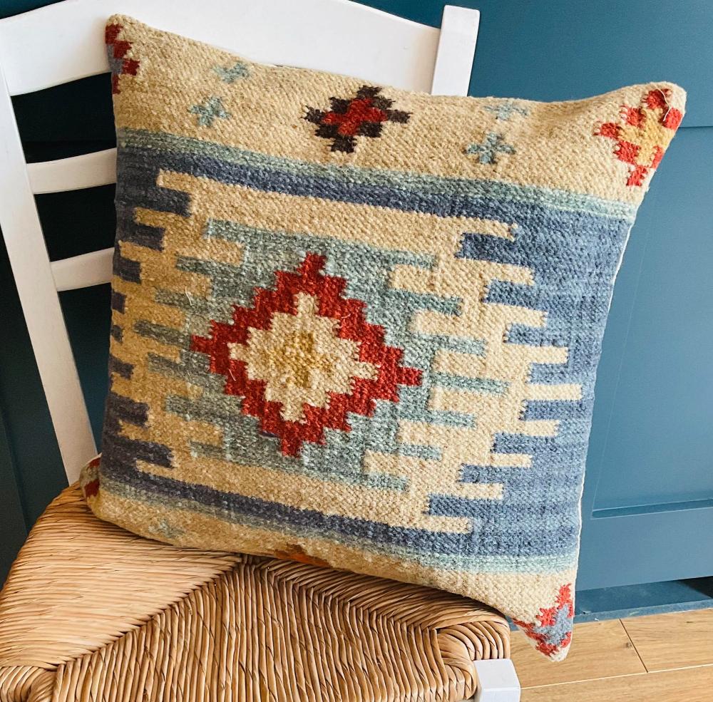 Blue Red Cream Kilim Cushion Cover