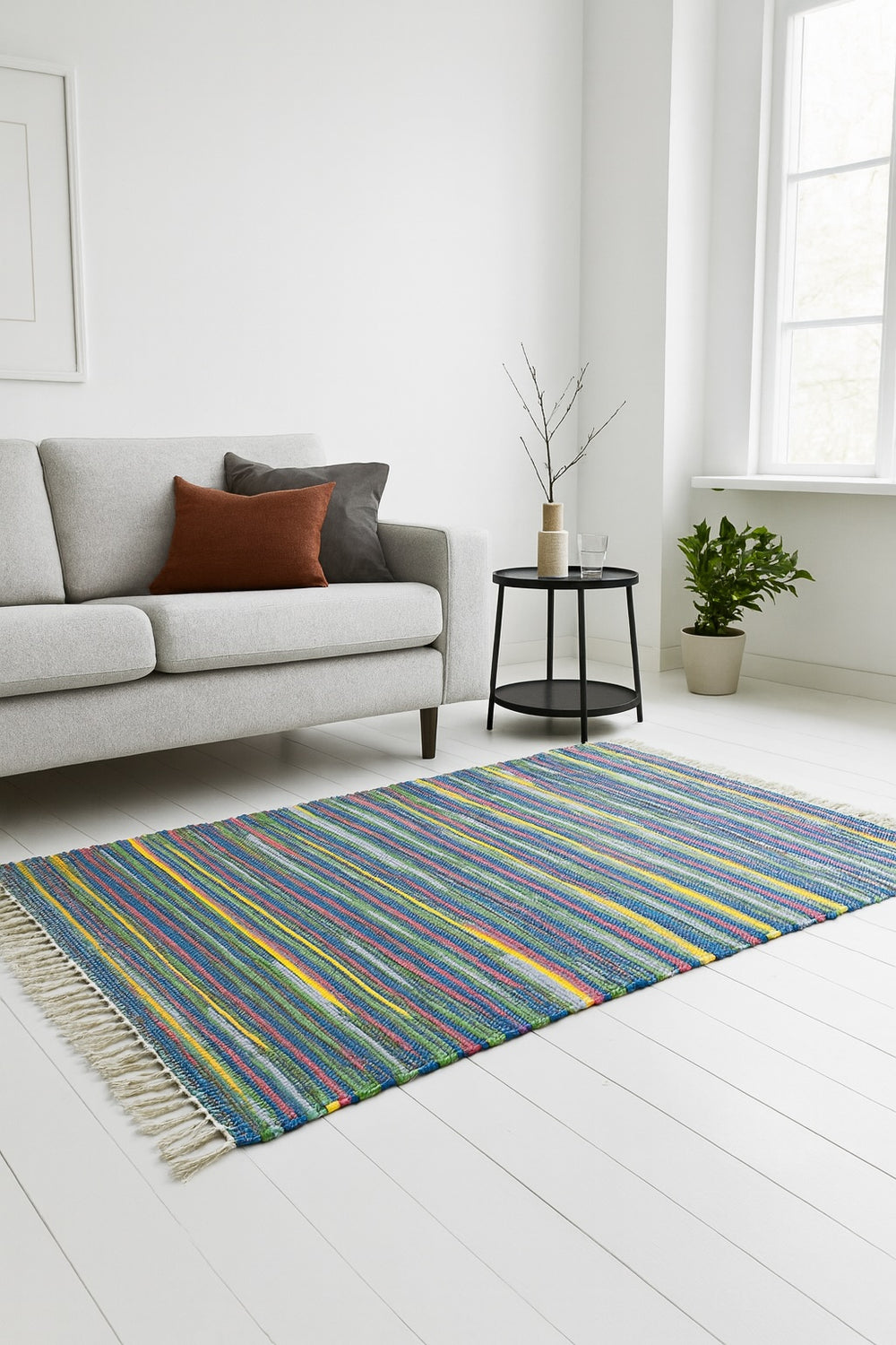 Rag Rug in a modern living room sofa and table with plant.