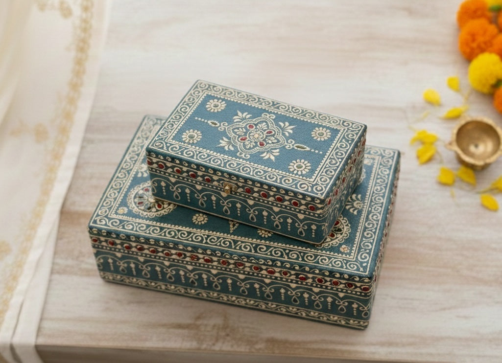 Hand-Painted Indian Mango Wood Jewellery & Keepsake Boxes - Set of 2 (Blue Bohemian)