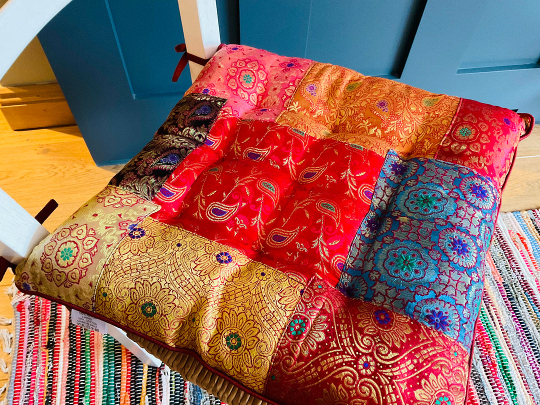 Chair Pad Cushions made with Recycled Sari and Brocade Patchwork