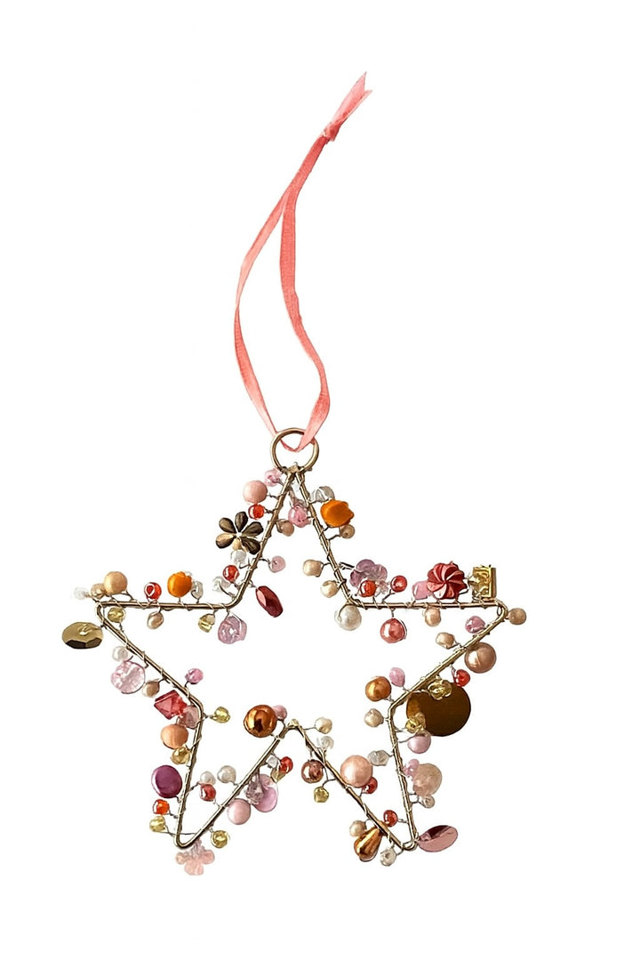 Decorative star ornament with beads and a pink ribbon on a white background