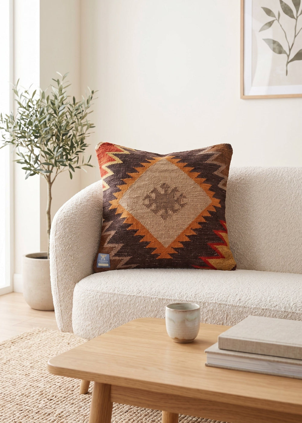 A square throw pillow with a Southwestern geometric pattern in brown, beige, orange, and red, resting on a cream boucle sofa in a bright, modern living room.