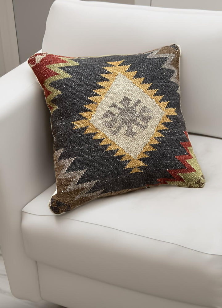 Natural Brown Kilim Cushion Cover With Geometric Pattern 50 cm x 50 cm