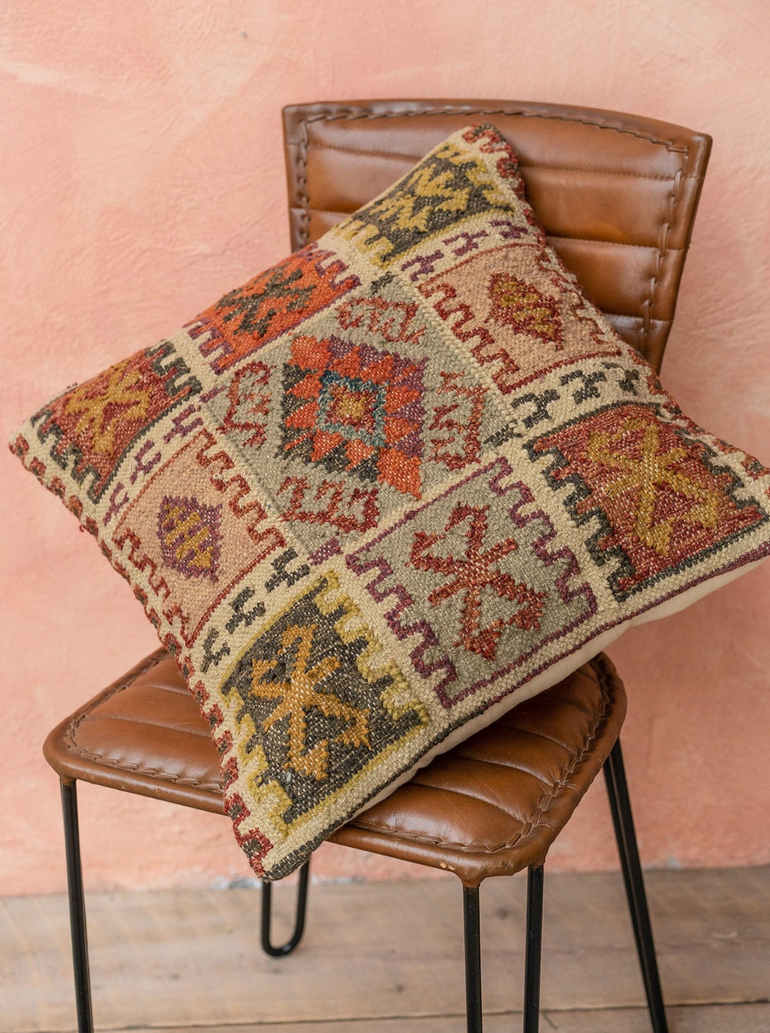 Brown Red Mustard Natural Multi Colour Kilim PET Yarn Cushion Cover 50 cm x 50 cm