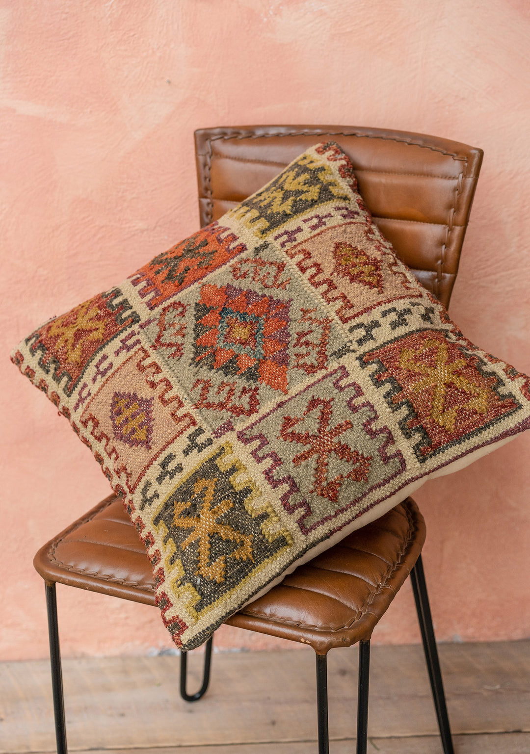 Brown Red Mustard Natural Multi Colour Kilim PET Yarn Cushion Cover 50 cm x 50 cm