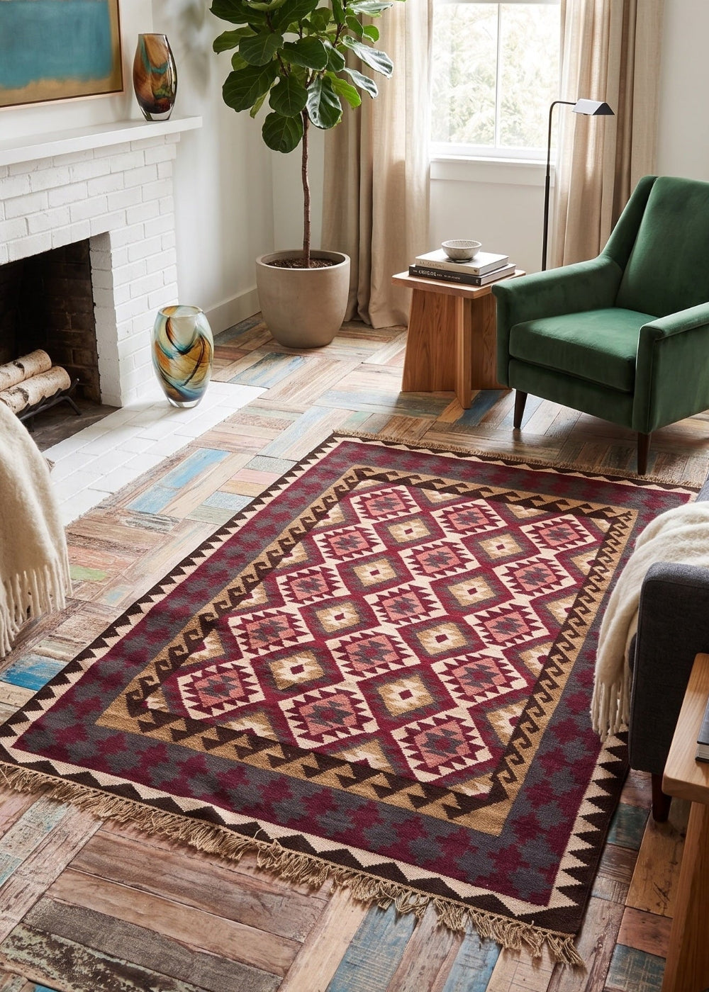 A rectangular area rug with a Southwestern geometric diamond pattern in burgundy, rust, beige, and brown tones, styled on a rustic wood floor in a cosy living room setting.