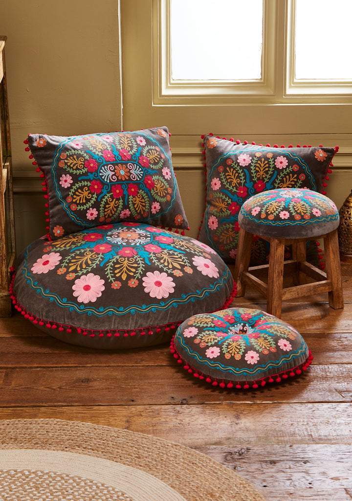 Grey Velvet Cushion Filled Round With Floral Pattern and Pom Pom's