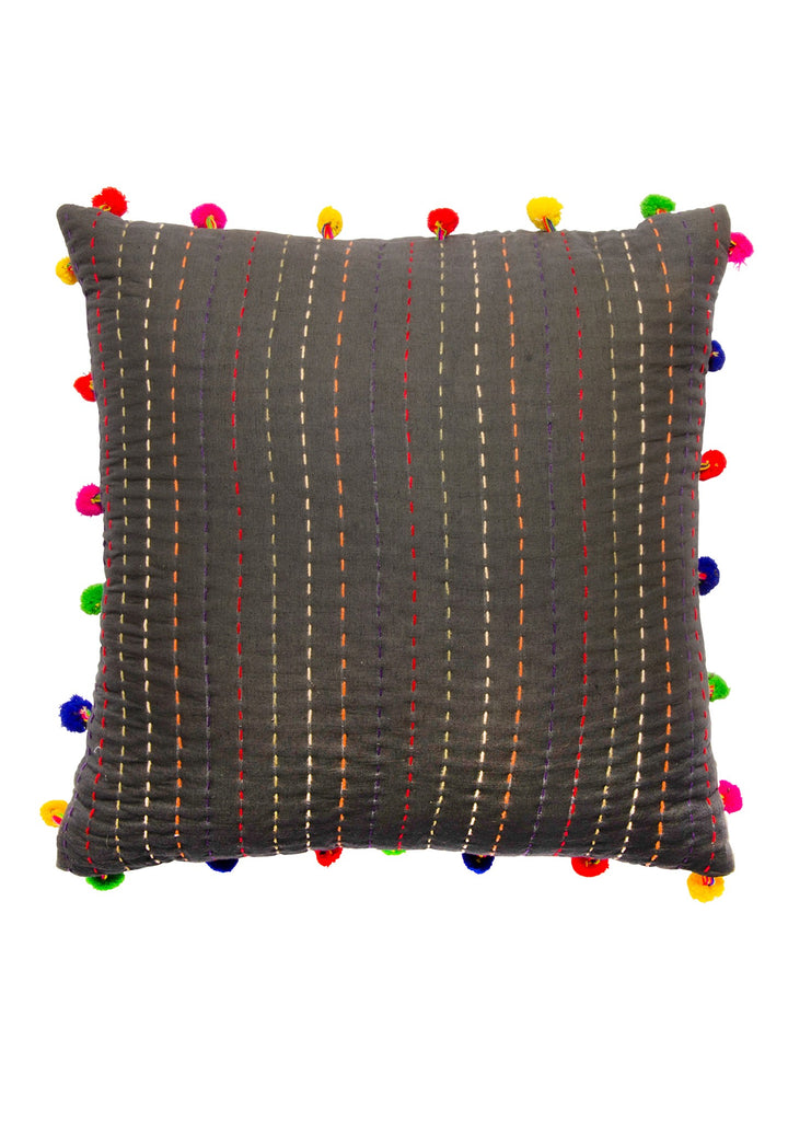 Kantha Cushion Cover With Pom Poms, 45 x 45cm
