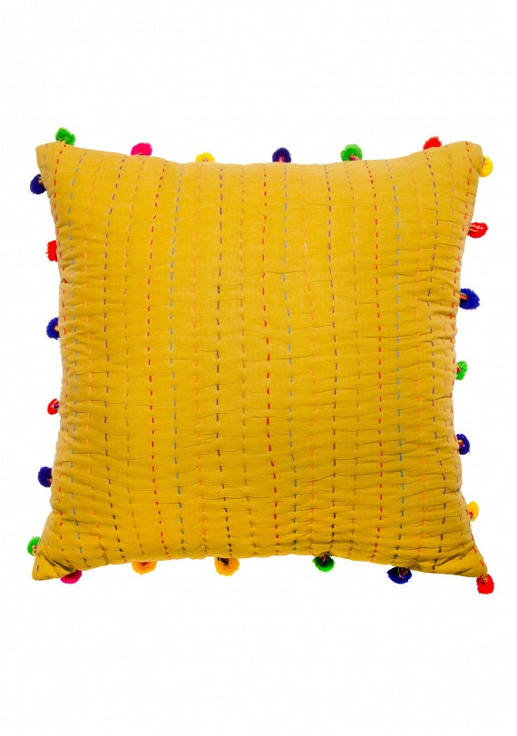 Kantha Cushion Cover With Pom Poms, 45 x 45cm