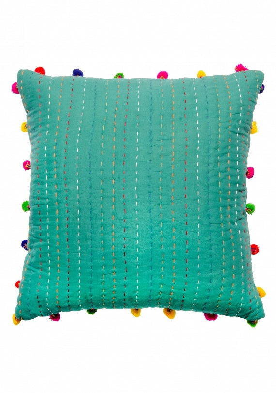 Kantha Cushion Cover With Pom Poms, 45 x 45cm