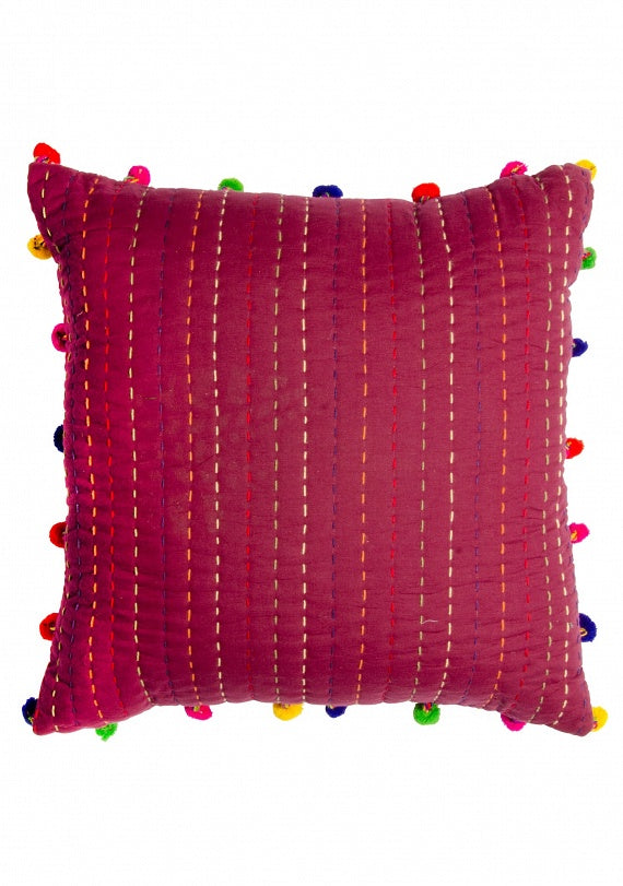 Kantha Cushion Cover With Pom Poms, 45 x 45cm