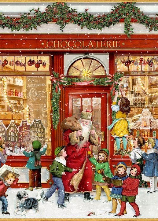Illustration of a Christmas scene with Santa Claus and children outside a chocolaterie.