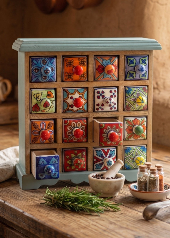 A rustic wooden spice cabinet with colourful hand-painted tile-style drawer fronts and knobs, styled on a wooden kitchen counter with herbs, spices, and a spoon in a warm, sunlit room.
