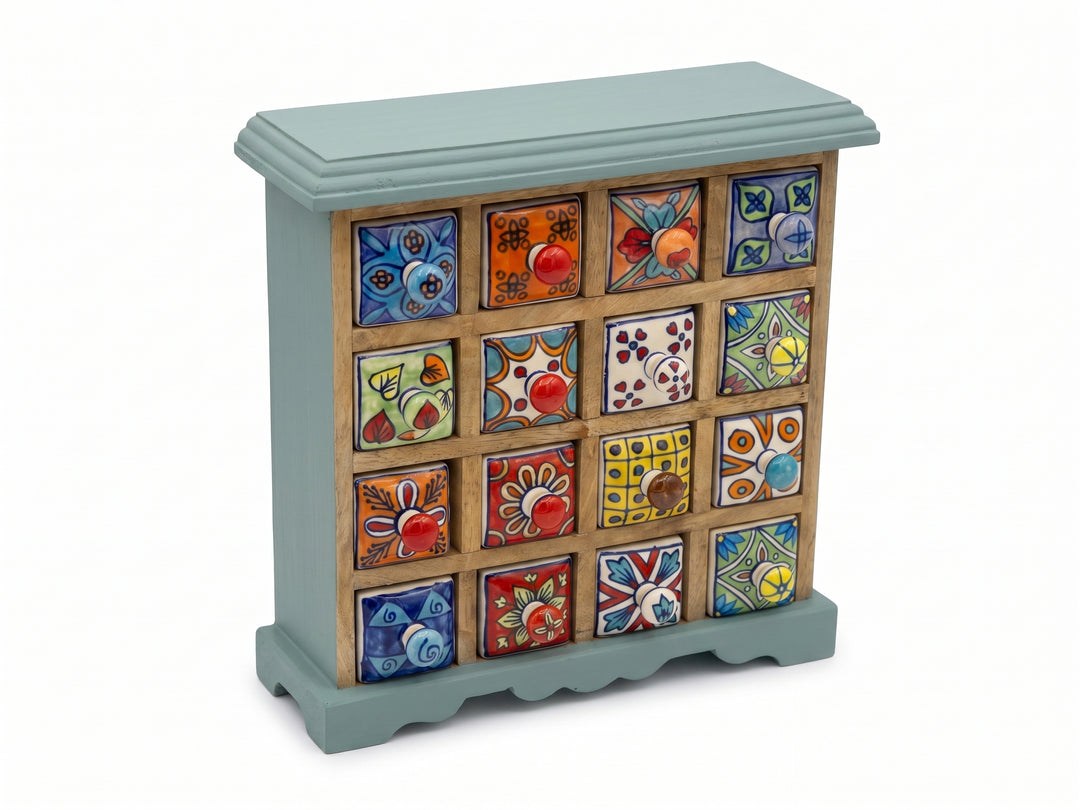 Mango Wood Hand Painted Chalk Blue Spice Trinket Chest 16 Drawers.