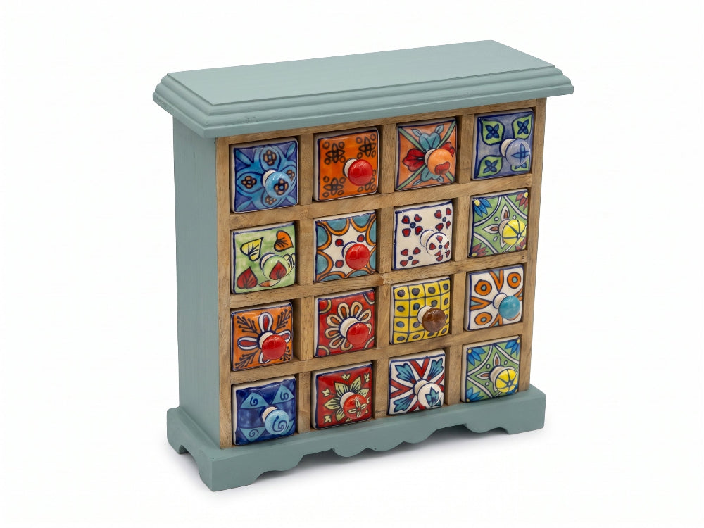 A small decorative cabinet with a light blue painted frame and 15 colorful hand-painted ceramic tile drawers, shown on a white background.