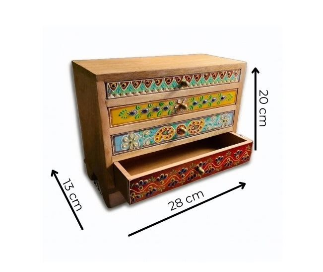 Arka Hand Painted Mango Wood 4 Drawer Indian Chest for Jewellery or Trinkets