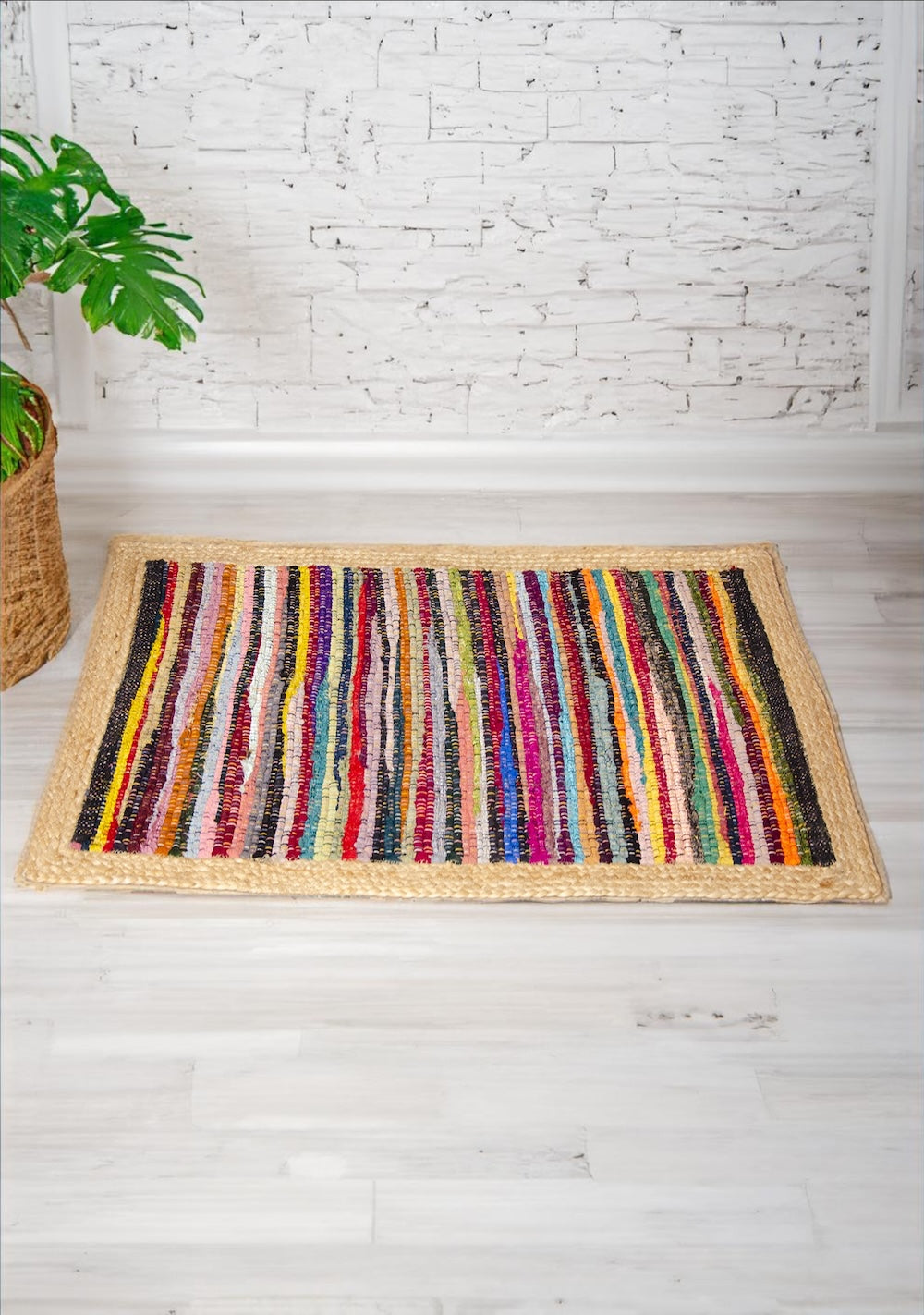 Rainbow Chindi Jute Border Rectangular Rug - 3 Sizes Available