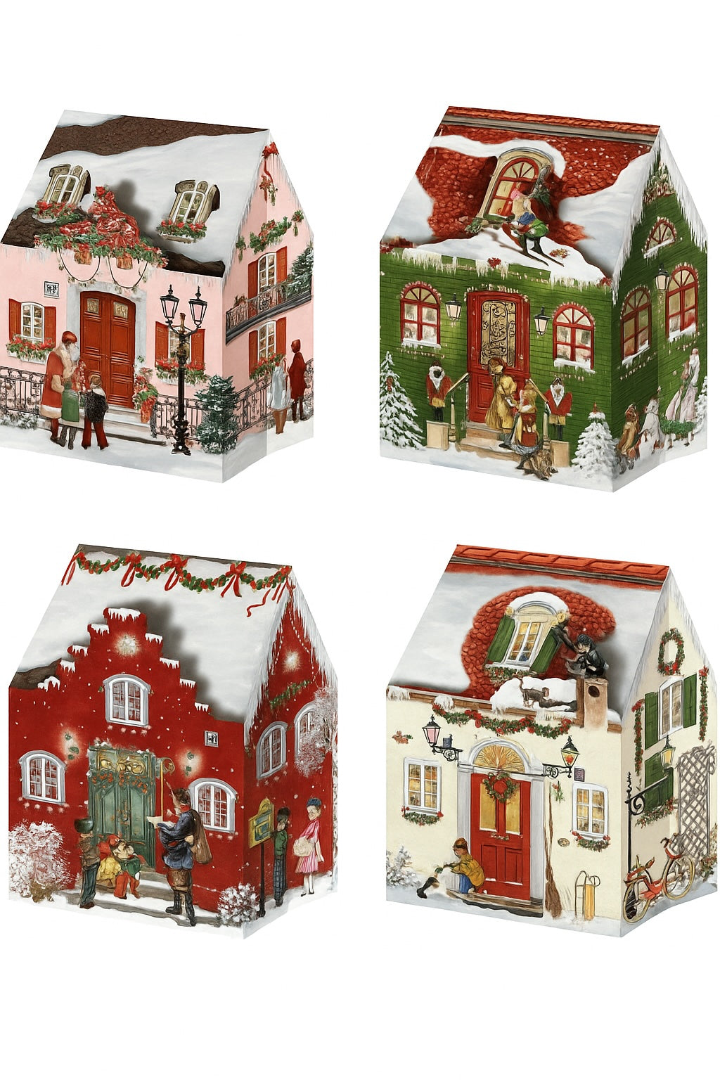 Four Christmas-themed house-shaped boxes on a white background