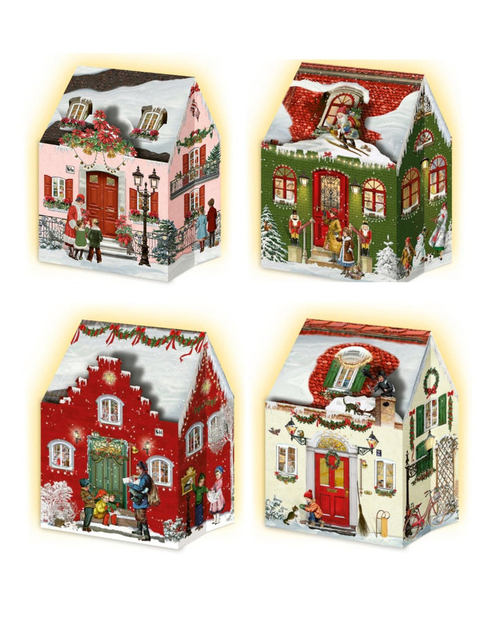 Four Christmas-themed gift boxes with decorative designs on a white background