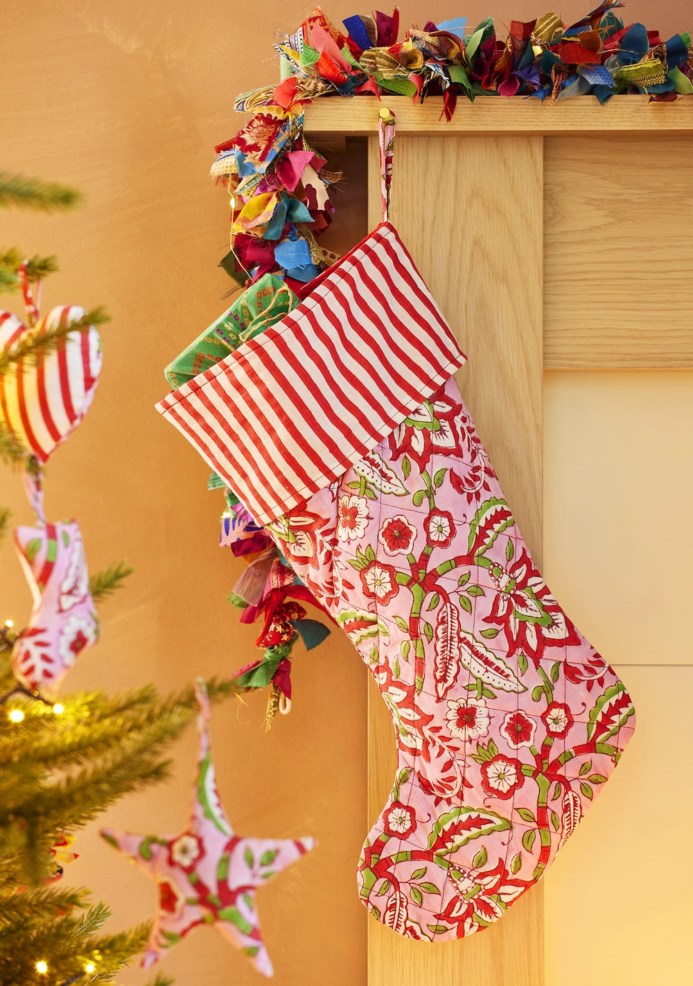 Pink Floral Block Print Christmas Stocking Xmas Decoration