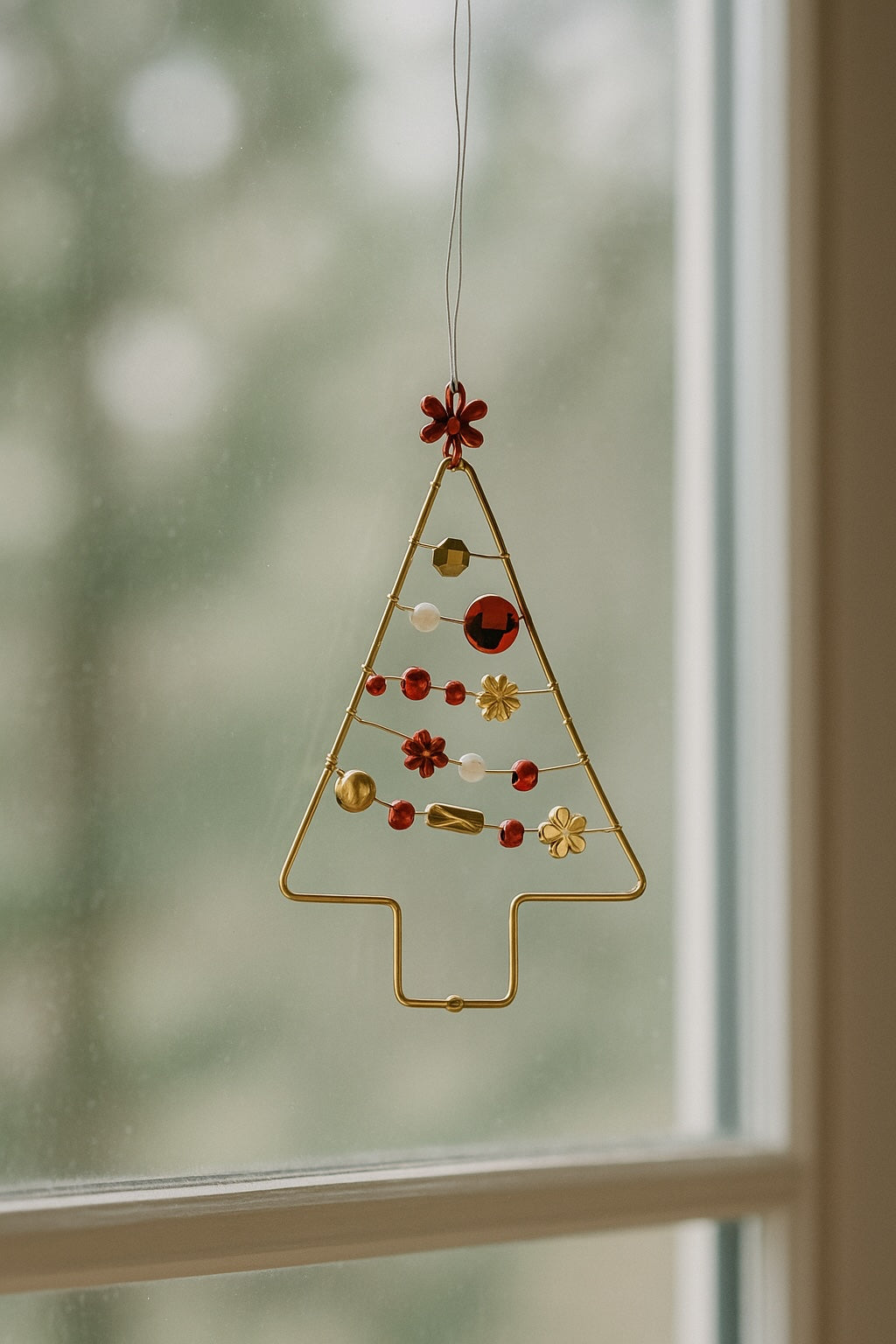 Decorative Christmas tree ornament with red and gold elements hanging by a window.