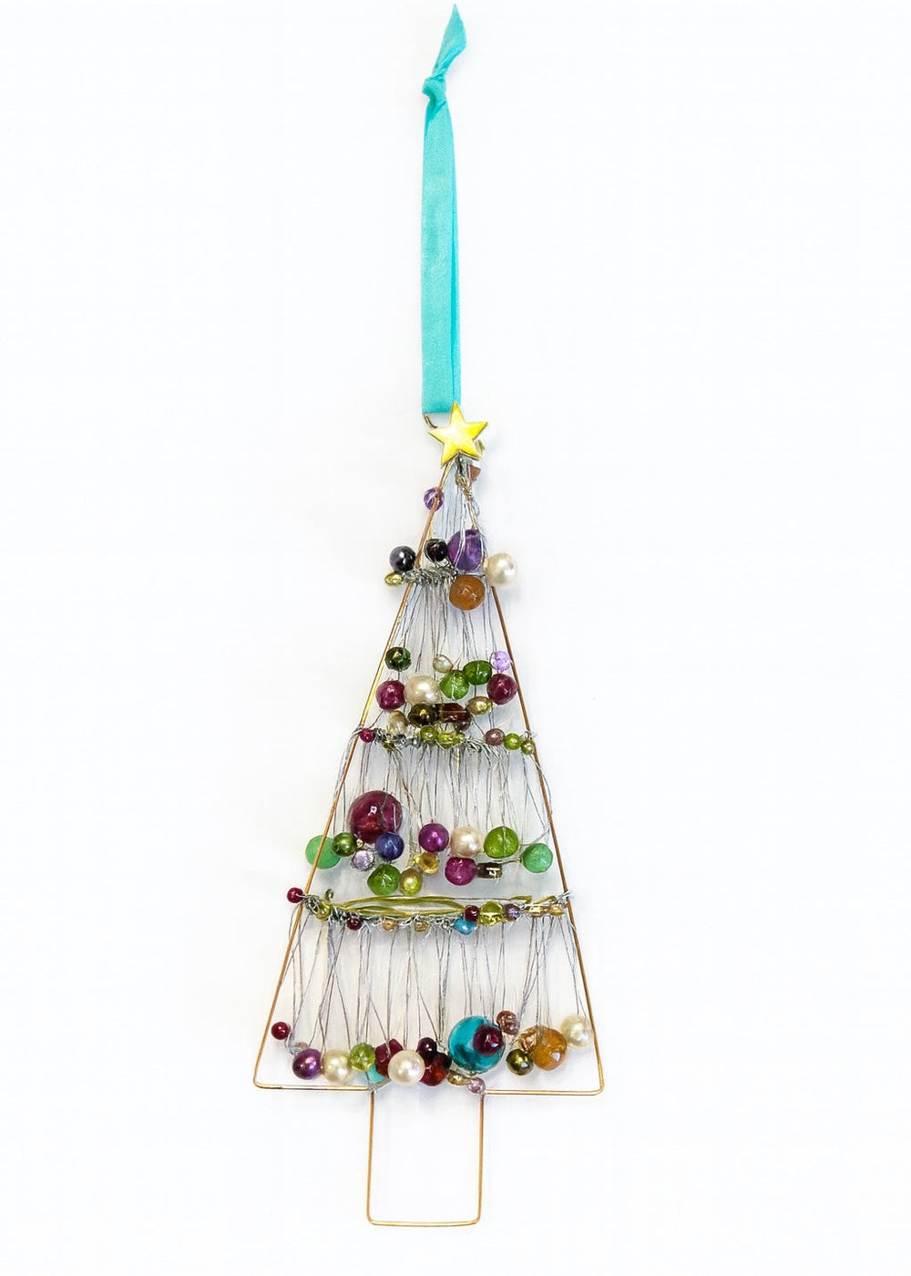 Decorative Christmas tree ornament with beads and a star on a white background