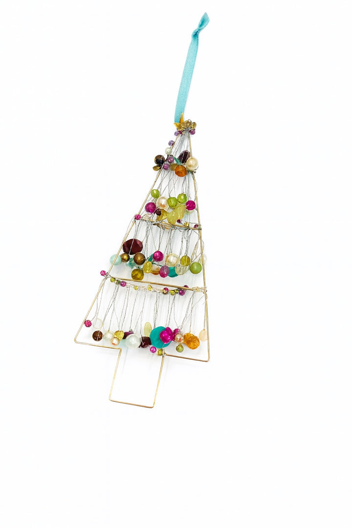 Decorative Christmas tree ornament with colourful beads on a white background