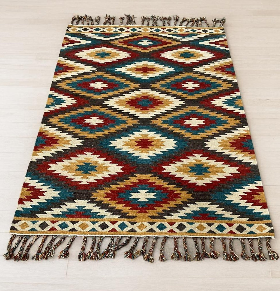 Multi Colour Kilim Rug Handwoven Wool and Cotton with Diamond Geometric Design 120 x 180 cm