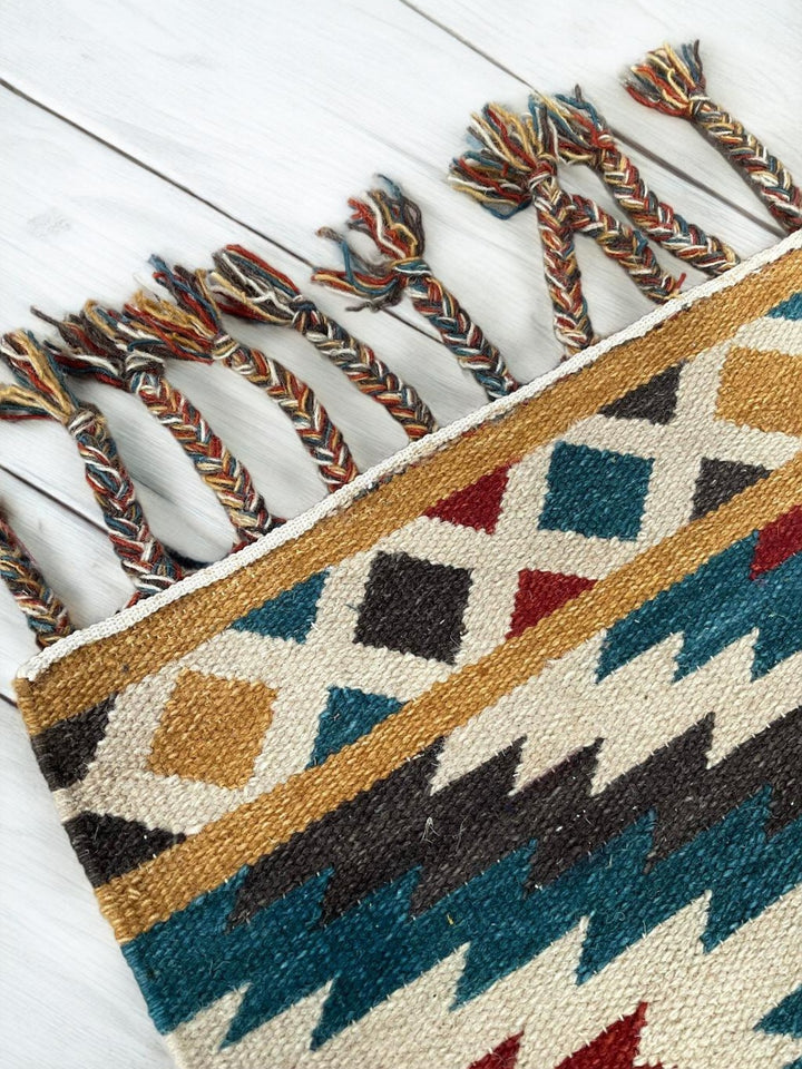 Multi Colour Kilim Rug Handwoven Wool and Cotton with Diamond Geometric Design 120 x 180 cm