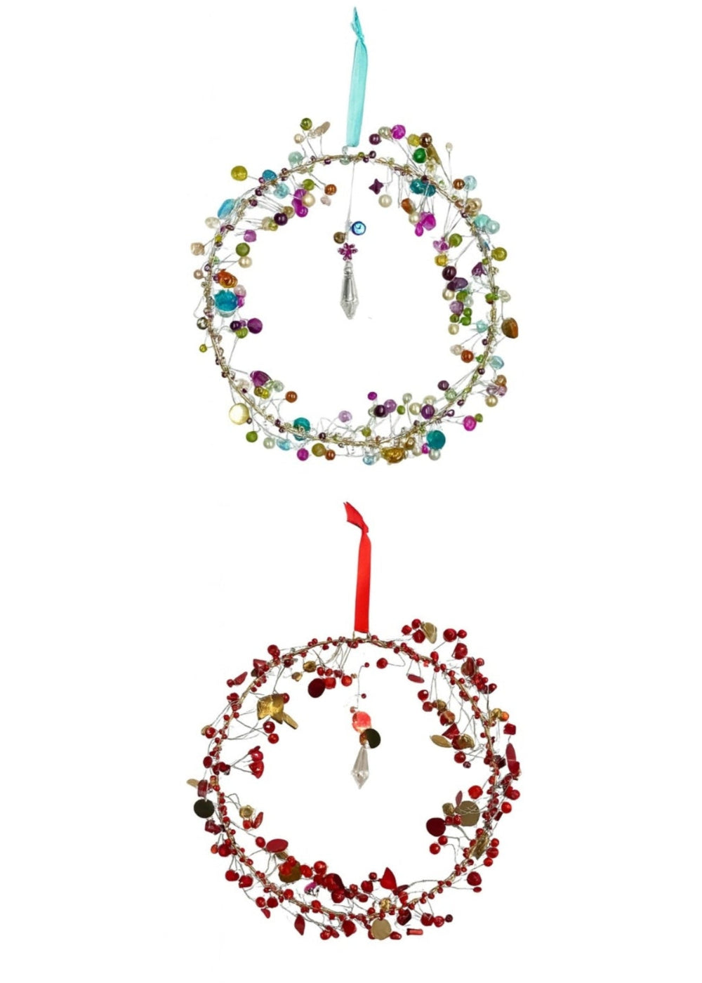 Two decorative wreaths with colorful beads on a white background