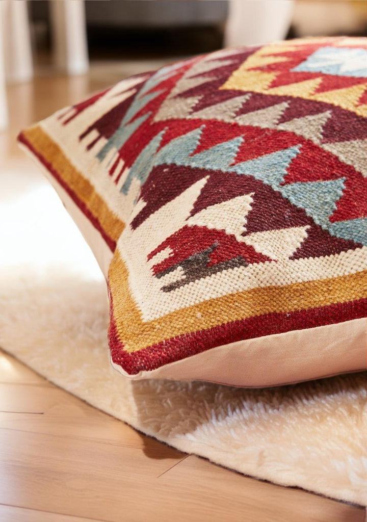 Red Multi Colour Floor Cushion Handloomed Kilim Extra Large Cushion 70x70cm