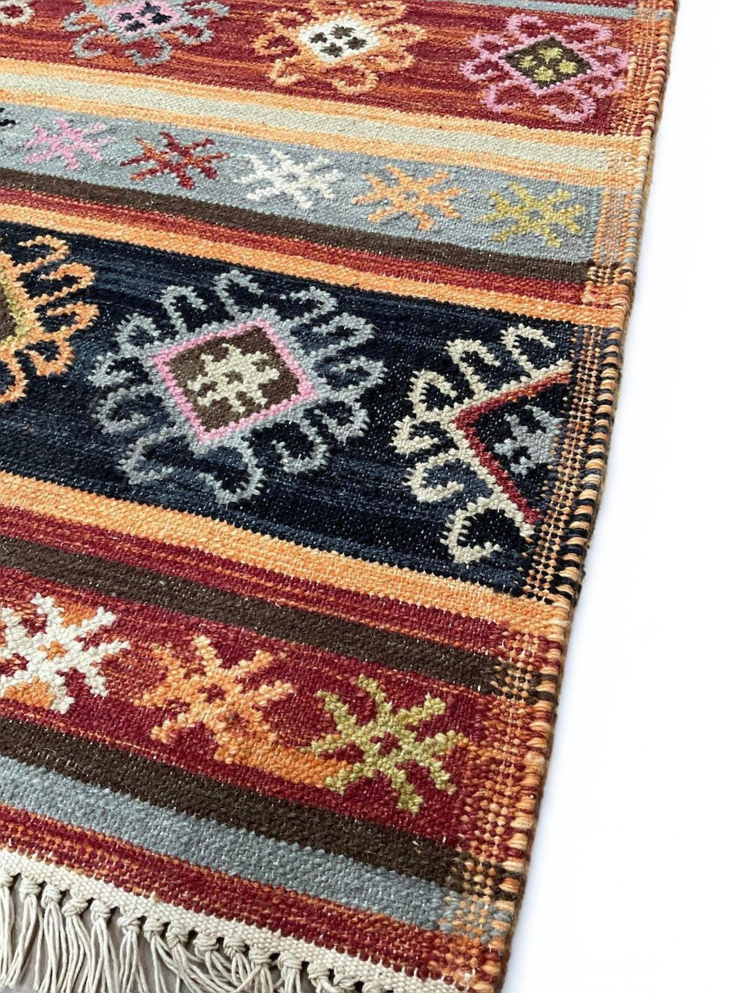 Multi Colour Kilim Rug Handwoven Wool and Cotton with Geometric Design Stitched Sides 120 cm x 180 cm