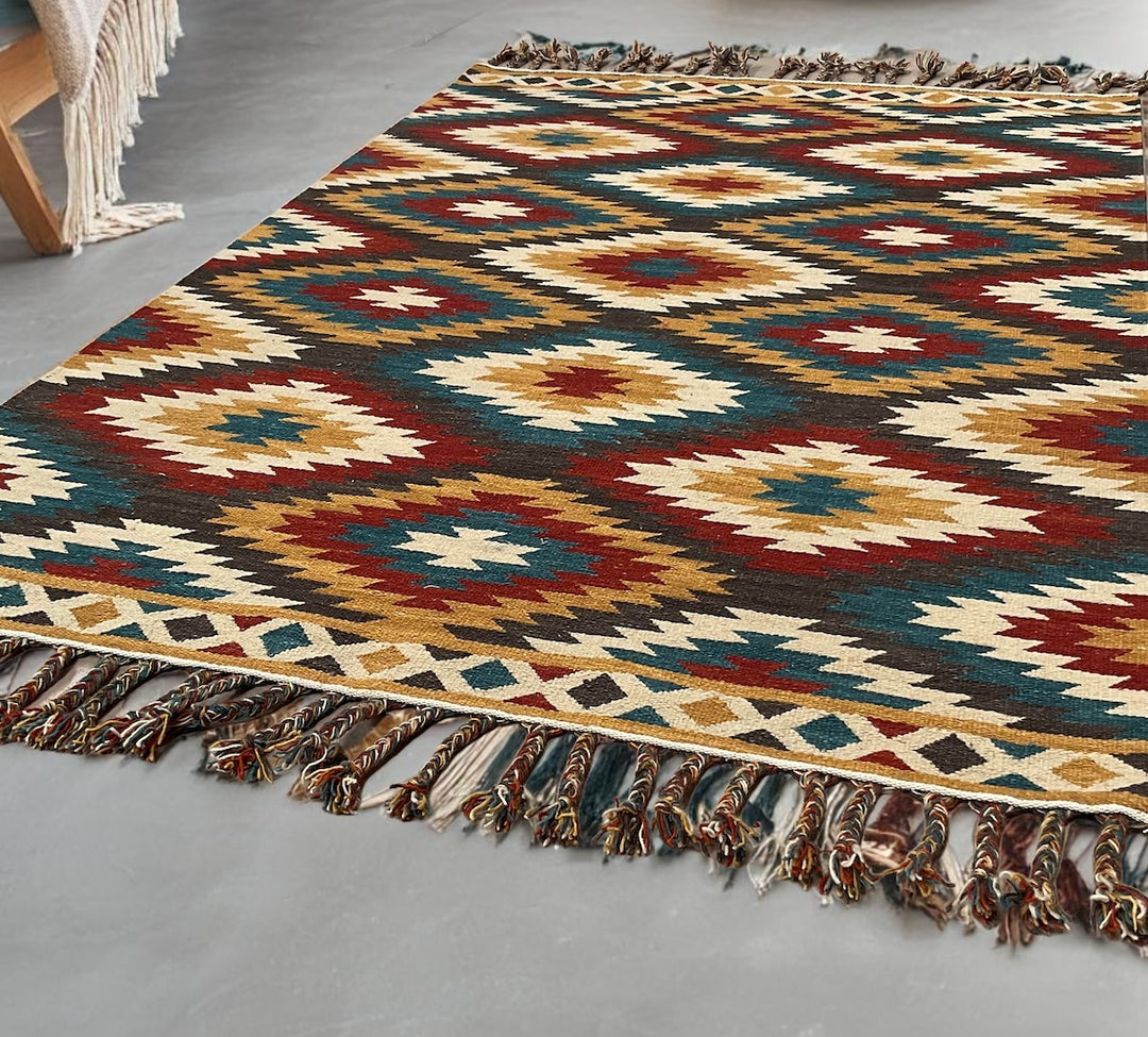 Multi Colour Kilim Rug Handwoven Wool and Cotton with Diamond Geometric Design 120 x 180 cm