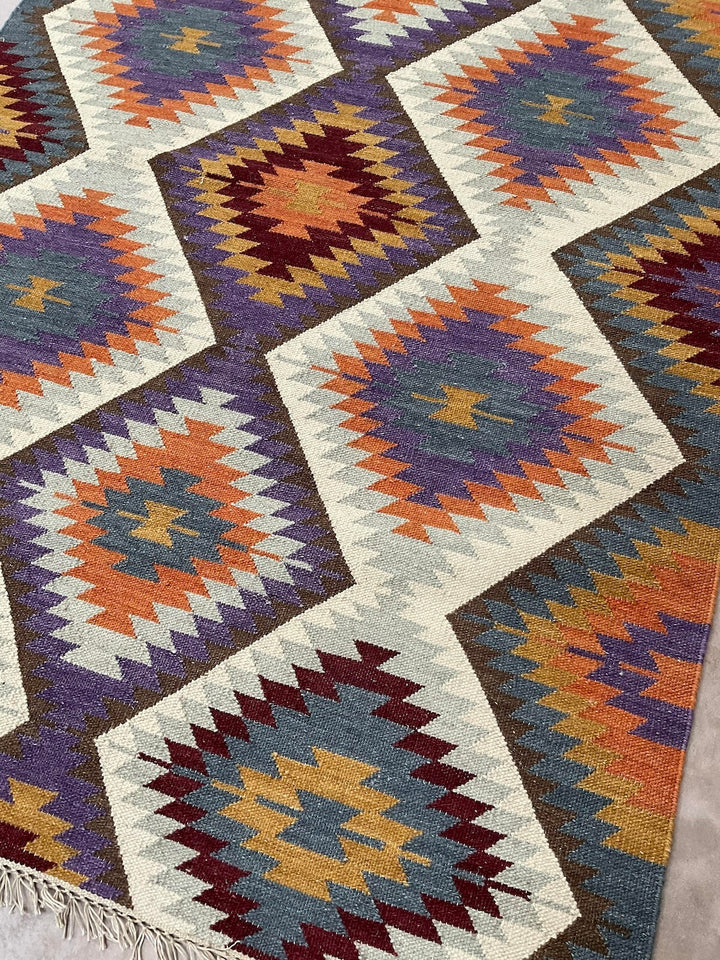 Purple Blue Grey Multi Colour Kilim Rug Handwoven Wool and Cotton with Geometric Design 120 cm x 180 cm