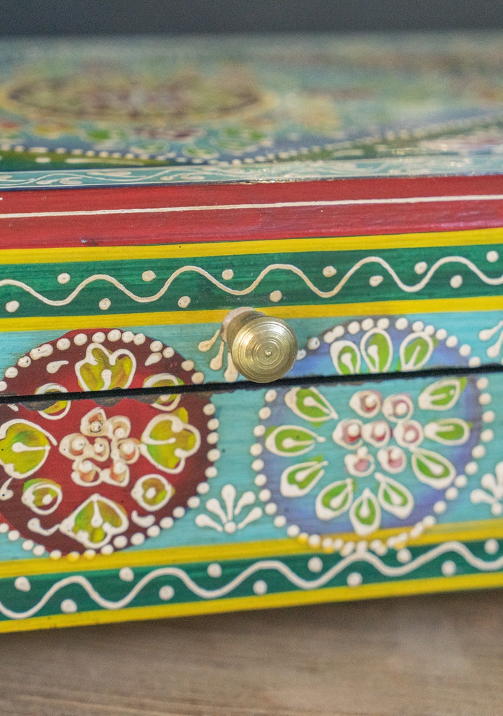 close up of turquoise Indian jewellery box