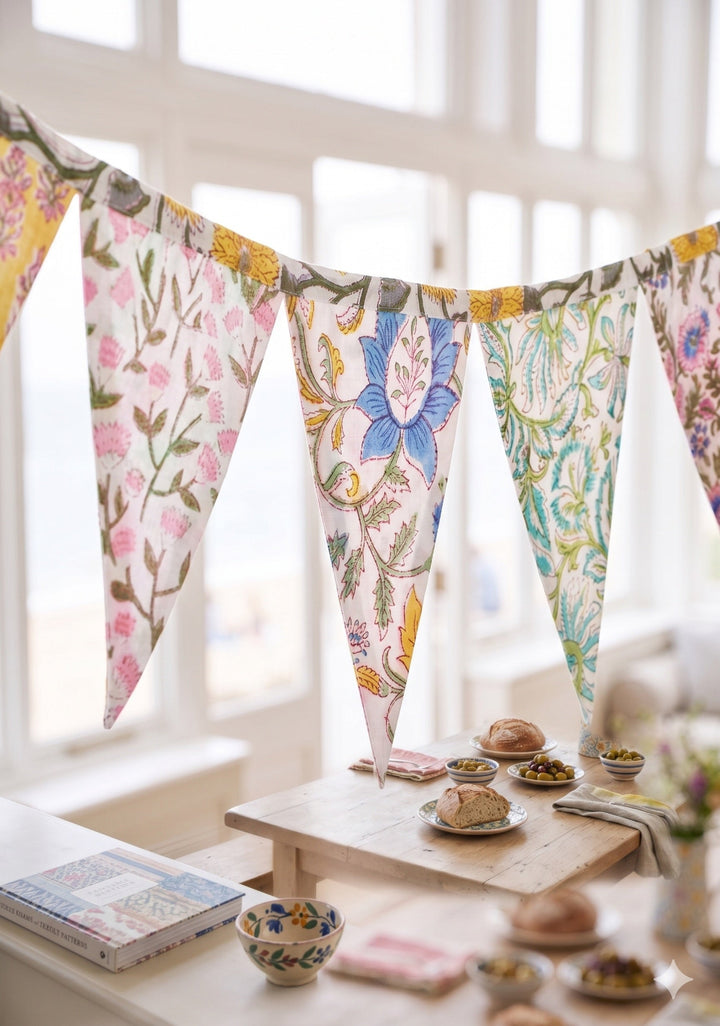 Decorative floral bunting hanging in a room with a table and books.