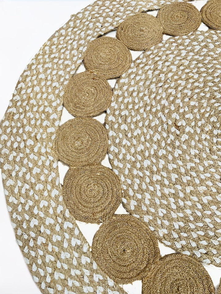 Round Rustic Rug Natural White Speckled Mini Circles Design Cotton and Jute Two Sizes