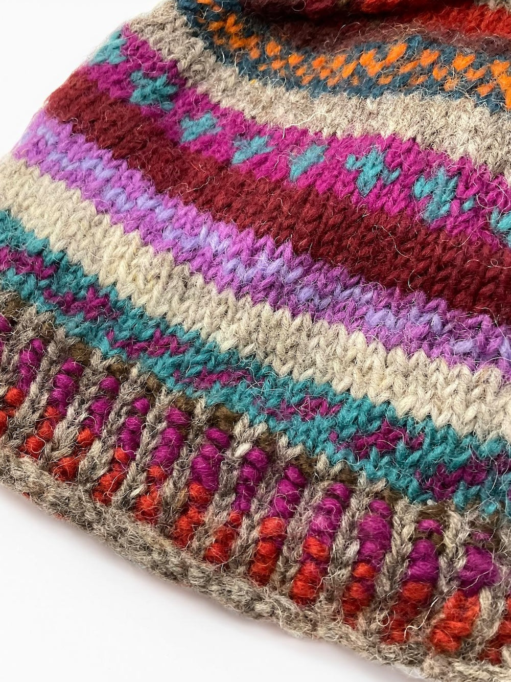 New Zealand Wool Beanie Hat With Pom Pom Mulberry Multi Colours Striped Pattern