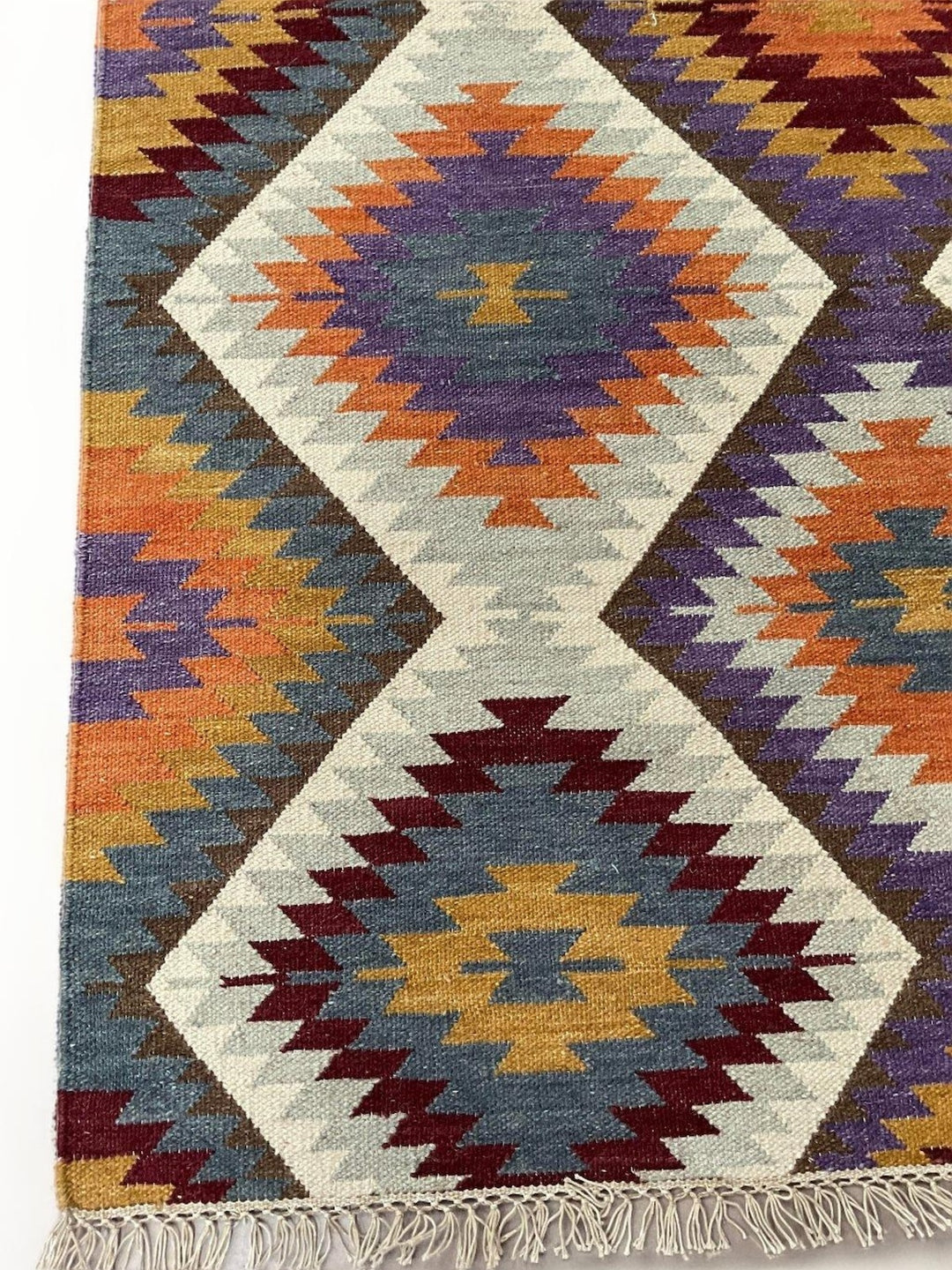 Purple Blue Grey Multi Colour Kilim Rug Handwoven Wool and Cotton with Geometric Design 120 cm x 180 cm