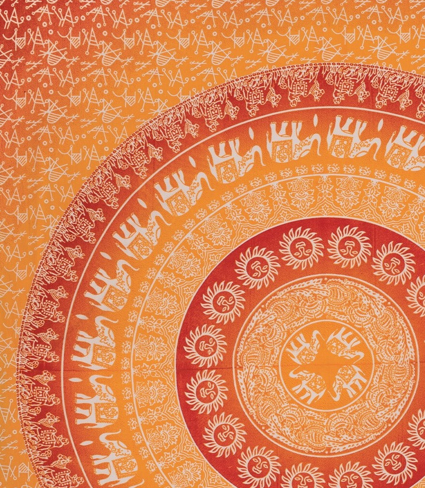 Decorative design with concentric circles and elephant symbols on an orange background