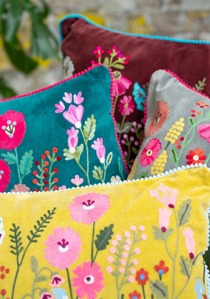 Close Up of Embroidered Flower Cushion Covers