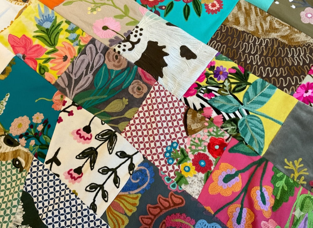 Collection of colourful fabric samples with various patterns