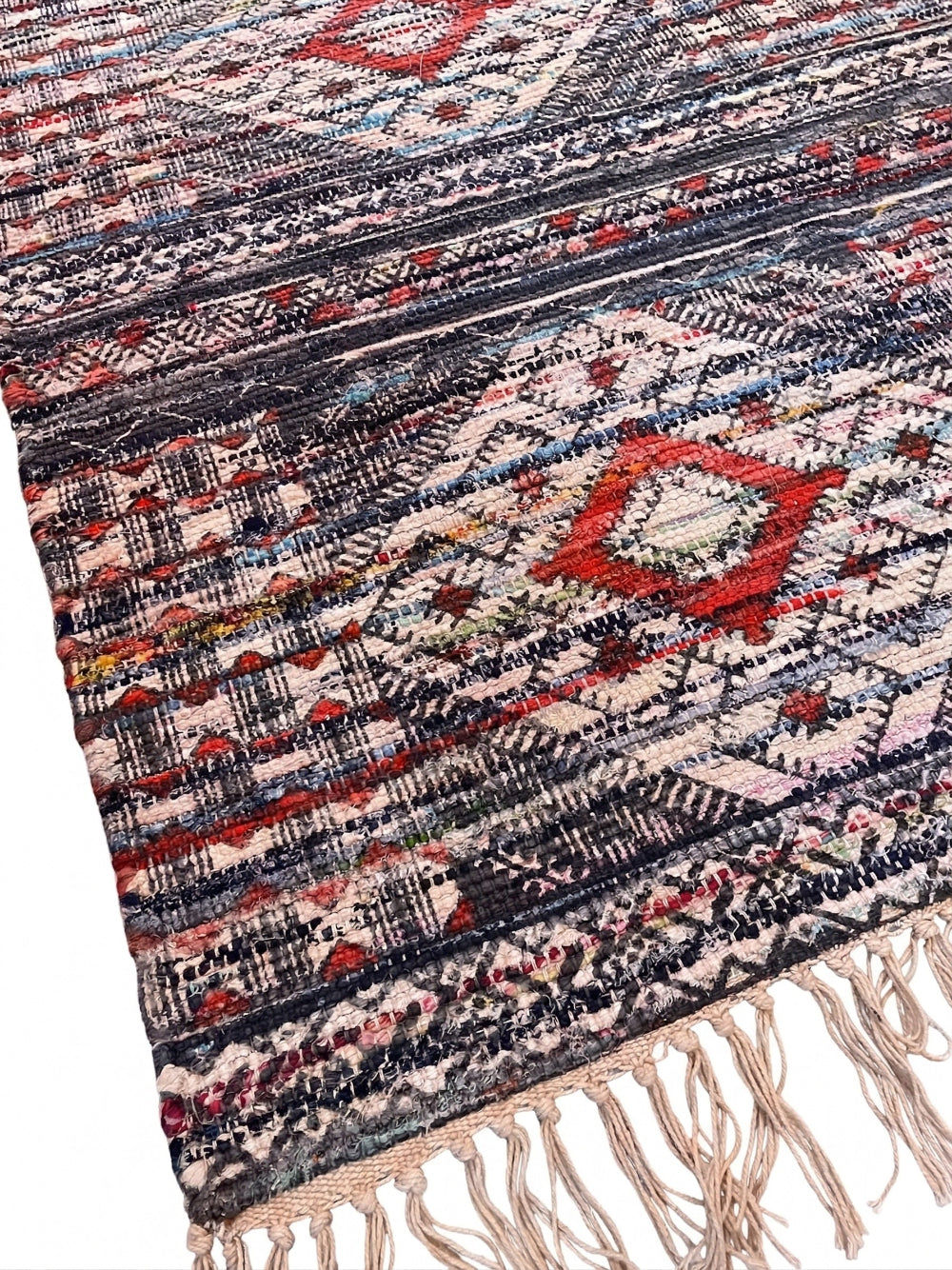 Close-up of a patterned rug with fringes on a white background