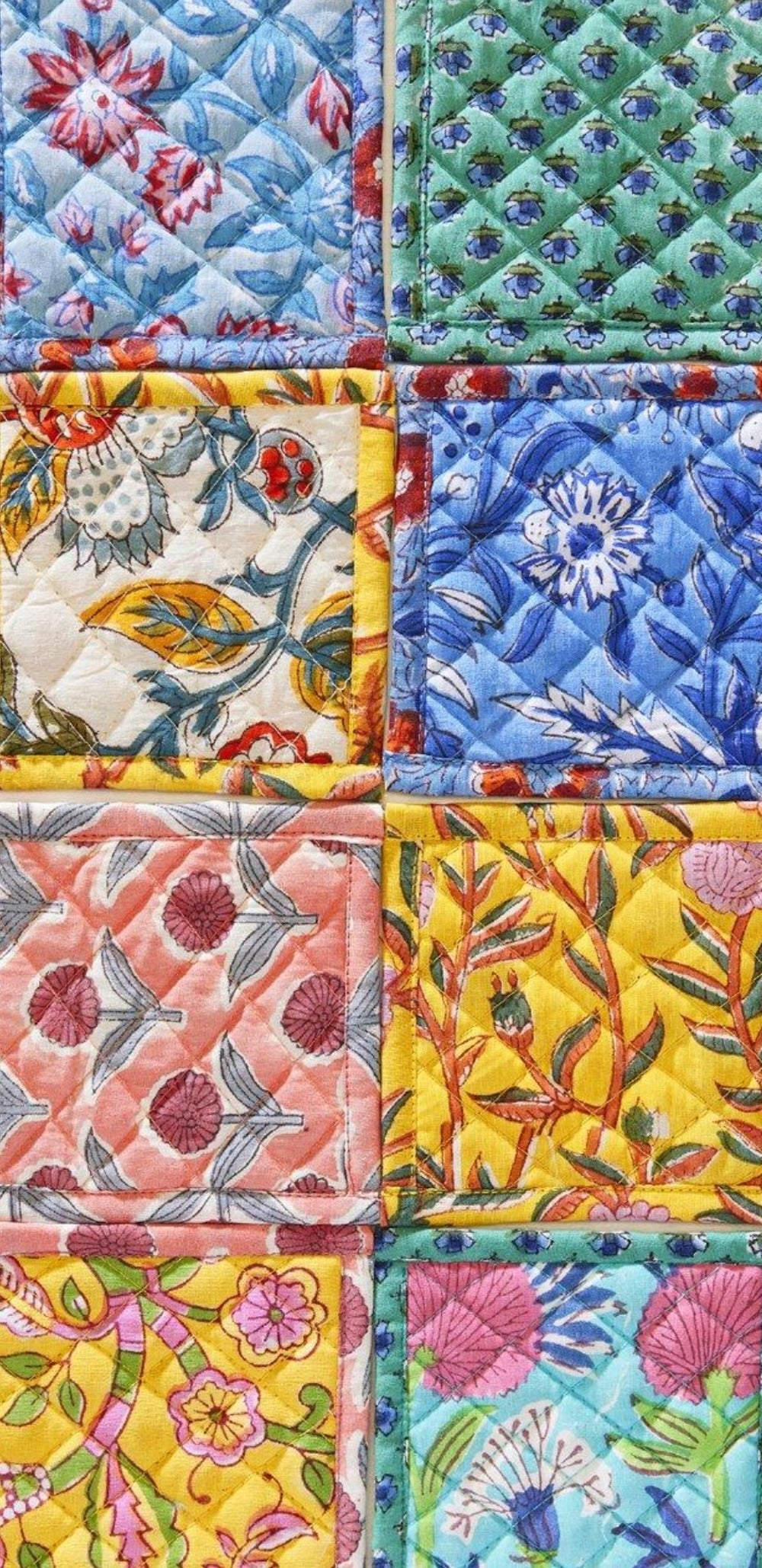 Reversible Floral Block Print Cotton Quilted Coasters X 4