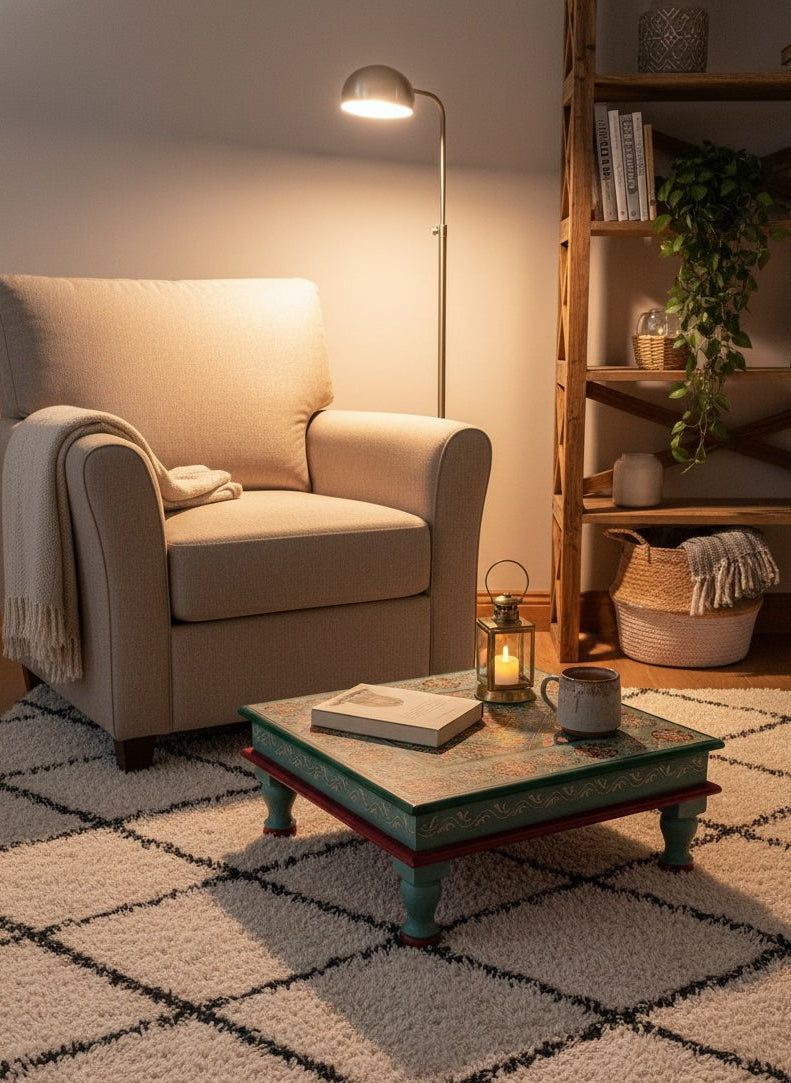 CoSy living room with beige armchair, coffee table, and bookshelf.